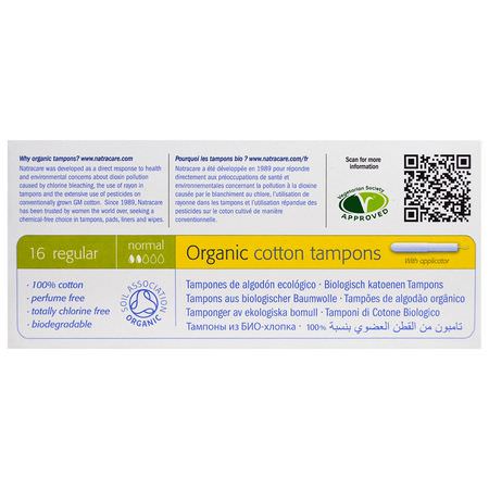衛生棉條, 女性衛生: Natracare, Organic Cotton Tampons, Regular, 16 Tampons