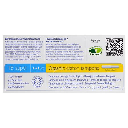 衛生棉條, 女性衛生: Natracare, Organic Cotton Tampons, Super, 16 Tampons