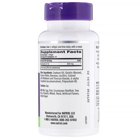 輔酶Q10, 輔酶Q10: Natrol, Co-Q10, 200 mg, 45 Softgels