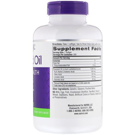亞麻籽補品, 歐米茄EPA DHA: Natrol, Flaxseed Oil, Heart Health, 1,000 mg, 200 Softgels