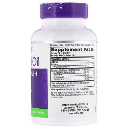 亞麻籽補品, 歐米茄EPA DHA: Natrol, Flaxseed Oil, Heart Health, 1,000 mg, 90 Softgels