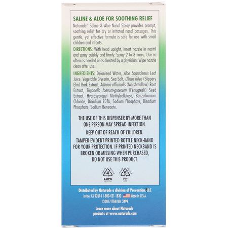 鼻竇補充劑, 鼻子: Naturade, Nasal Spray, Saline & Aloe, 1.5 fl oz (45 ml)