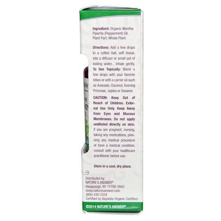 薄荷油, 提神: Nature's Answer, Organic Essential Oil, 100% Pure Peppermint, 0.5 fl oz (15 ml)