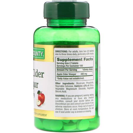 蘋果醋, 體重: Nature's Bounty, Apple Cider Vinegar, 480 mg, 200 Tablets