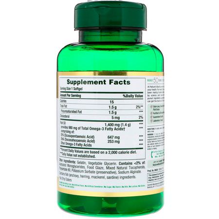 Omega-3魚油, EPA DHA: Nature's Bounty, Fish Oil, Triple Strength, 1400 mg, 39 Coated Softgels