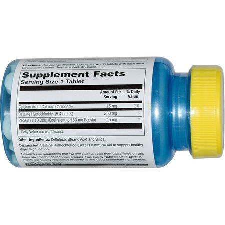 可卡因鹽酸鹽TMG, 消化物: Nature's Life, Betaine HCL, 350 mg, 100 Tablets