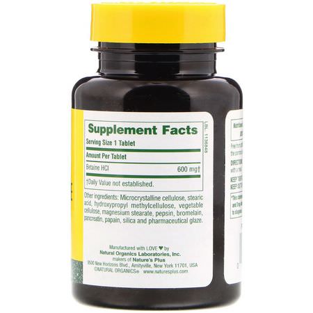 可卡因鹽酸鹽TMG, 消化: Nature's Plus, Betaine Hydrochloride, 600 mg, 90 Tablets