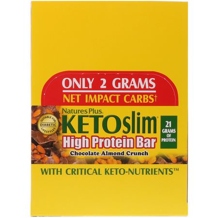 減肥棒, 飲食: Nature's Plus, Ketoslim, High Protein Bar, Chocolate Almond Crunch, 12 Bars, 2.1 oz (60 g) Each