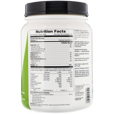豌豆蛋白, 植物性蛋白: Nature's Plus, Organic Pea Protein Powder, 1.10 lbs (500 g)