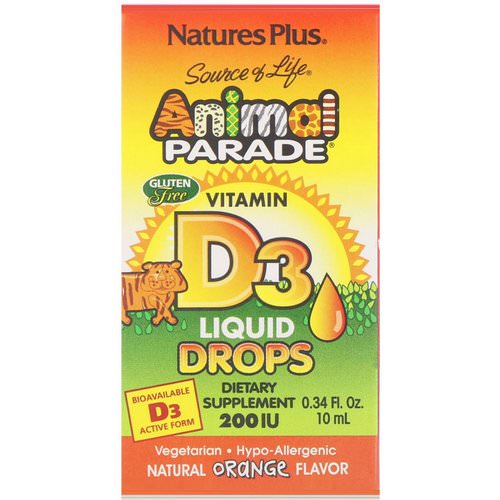Nature's Plus, Source of Life, Animal Parade, Vitamin D3, Liquid Drops, Natural Orange Flavor, 200 IU, 0.34 fl oz (10 ml) Review