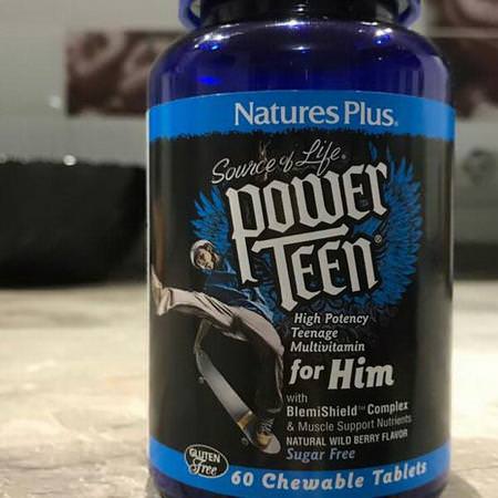 Nature's Plus, Source of Life, Power Teen, For Him, Sugar Free, Natural Wild Berry Flavor, 60 Chewable Tablets