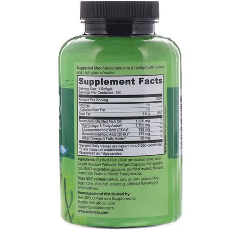 Omega-3魚油, EPA DHA: NATURELO, Omega-3 Triglyceride Fish Oil, 1,100 mg, 120 Softgels