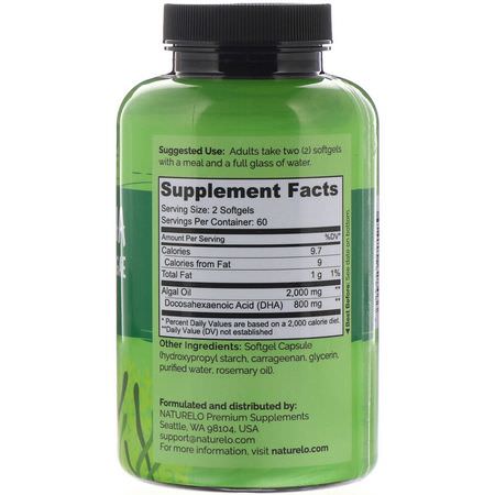 DHA, 歐米茄EPA DHA: NATURELO, Vegan DHA, Omega-3 from Algae, 800 mg, 120 Vegan Softgels