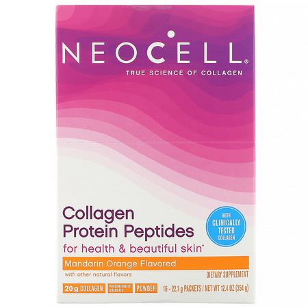 膠原蛋白補充劑, 關節: Neocell, Collagen Protein Peptides, Mandarin Orange, 16 Packets, .78 oz (22 g) Each
