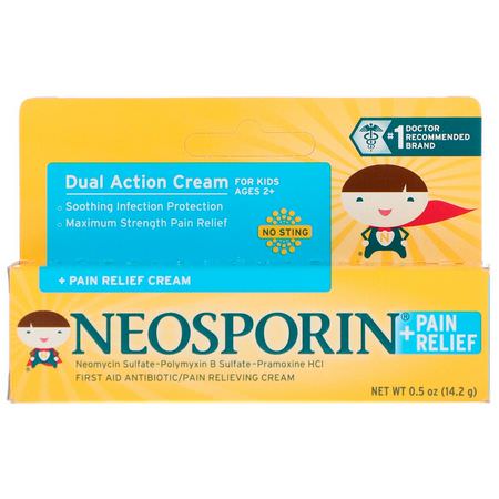 藥膏, 外用藥: Neosporin, Dual Action Cream, Pain Relief Cream, For Kids Ages 2 +, 0.5 oz (14.2 g)
