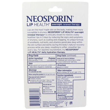 潤唇膏, 護唇霜: Neosporin, Overnight Renewal Therapy, White Petrolatum Lip Protectant, 0.27 oz (7.7 g)