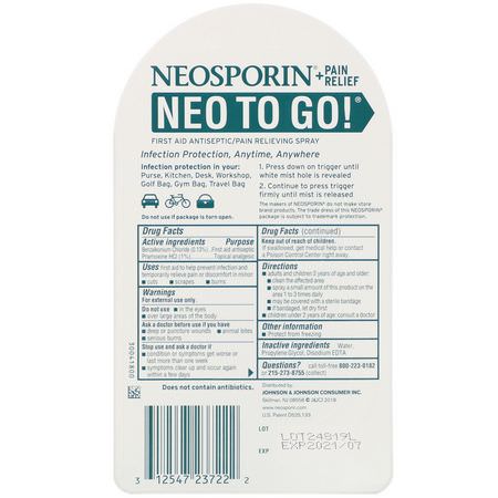 藥膏, 外用藥: Neosporin, + Pain Relief, Neo To Go! First Aid Antiseptic/Pain Relieving Spray, 0.26 fl oz (7.7 ml)