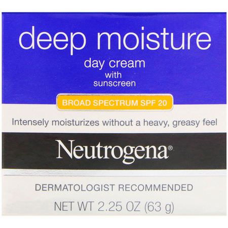面部防曬霜: Neutrogena, Deep Moisture, Day Cream with Sunscreen, Broad Spectrum SPF 20, 2.25 oz (63 g)