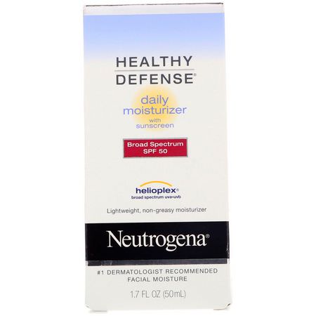 日間保濕霜, 面霜: Neutrogena, Healthy Defense, Daily Moisturizer with Sunscreen, Broad Spectrum SPF 50, 1.7 fl oz (50 ml)