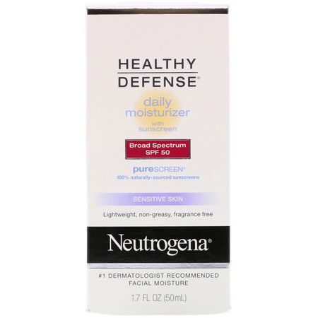 日間保濕霜, 面霜: Neutrogena, Healthy Defense, Daily Moisturizer with Sunscreen, Broad Spectrum SPF 50, Sensitive Skin, 1.7 fl oz (50 ml)