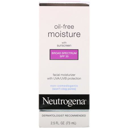 日間保濕霜, 面霜: Neutrogena, Oil Free Moisture, Facial Moisturizer with UVA/UVB Protection, Broad Spectrum SPF 35, 2.5 fl oz (73 ml)
