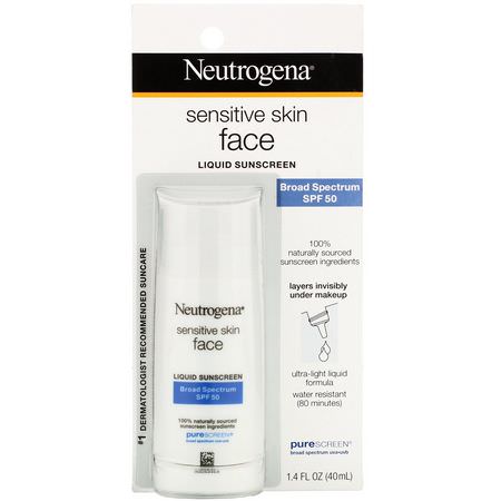 臉部防曬霜: Neutrogena, Sensitive Skin, Face, Liquid Sunscreen, SPF 50, 1.4 fl oz (40 ml)
