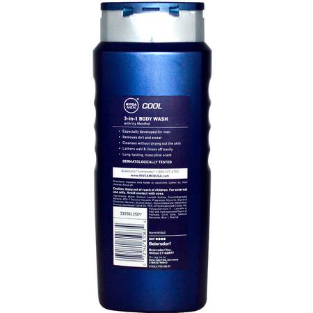 男士洗髮水, 沐浴露: Nivea, Men 3-in-1 Body Wash, Cool, 16.9 fl oz (500 ml)