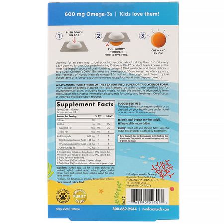 Omegas, 兒童DHA: Nordic Naturals, Children's DHA Gummies, Tropical Punch, 600 mg, 30 Gummies