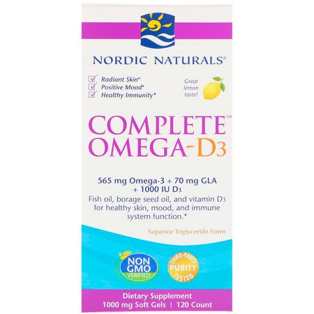 Omega-3魚油, EPA DHA: Nordic Naturals, Complete Omega-D3, Lemon, 1,000 mg, 120 Soft Gels