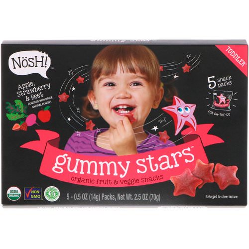 NosH! Toddler Gummy Stars, Organic Fruit & Veggie Snacks, Apple, Strawberry & Beet, 5 Packs, 0.5 oz (14 g) Each Review