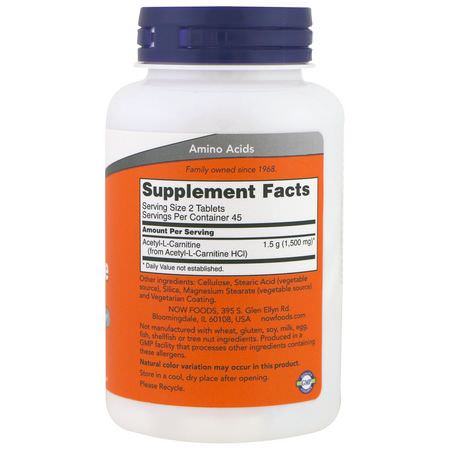 乙酰左旋肉鹼, 氨基酸: Now Foods, Acetyl-L Carnitine, 750 mg, 90 Tablets