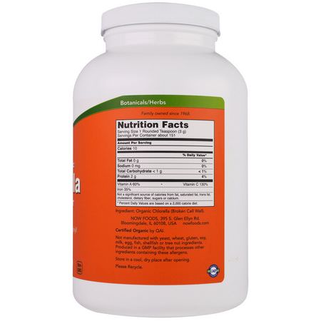 小球藻, 藻類: Now Foods, Certified Organic Chlorella, Pure Powder, 1 lb (454 g)
