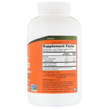 益生元纖維菊粉, 纖維: Now Foods, Certified Organic Inulin, Prebiotic Pure Powder, 1 lb (454 g)