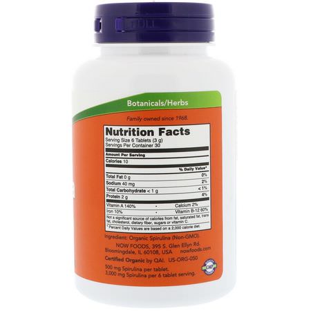螺旋藻, 藻類: Now Foods, Certified Organic Spirulina, 500 mg, 180 Tablets