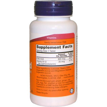 葉酸, 維生素B: Now Foods, Folic Acid with Vitamin B-12, 800 mcg, 250 Tablets