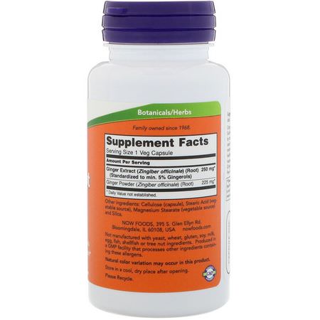 生薑, 順勢療法: Now Foods, Ginger Root Extract, 250 mg, 90 Veg Capsules