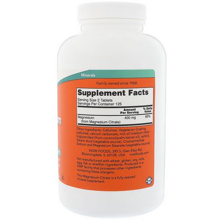 鎂, 礦物質: Now Foods, Magnesium Citrate, 200 mg, 250 Tablets