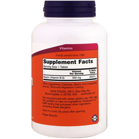 B3菸酸, 維生素B: Now Foods, Niacin, 500 mg, 250 Tablets