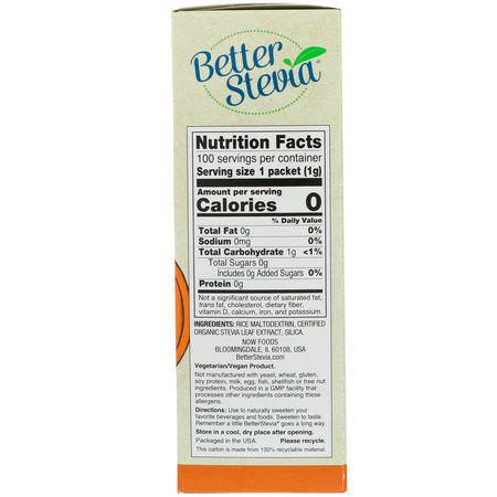 甜葉菊, 甜味劑: Now Foods, Organic Better Stevia, Zero-Calorie Sweetener, Original, 100 Packets, 3.5 oz (100 g)