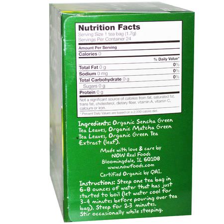 森茶, 綠茶: Now Foods, Organic Real Tea, Green Kick, 24 Tea Bags, 1.44 oz (41 g)