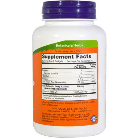 前列腺, 男性健康: Now Foods, Saw Palmetto Extract, With Pumpkin Seed Oil and Zinc, 160 mg, 90 Softgels