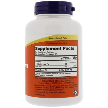 Omega 3-6-9組合, EFA: Now Foods, Wheat Germ Oil, 1130 mg, 100 Softgels