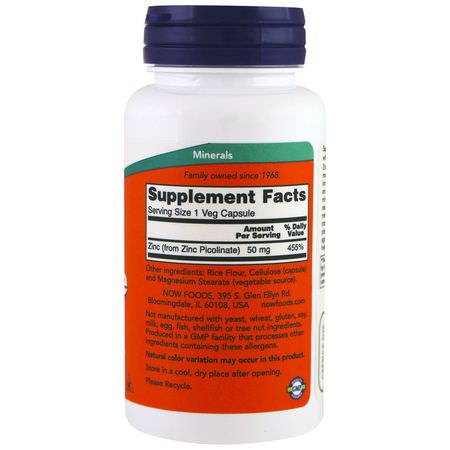 流感, 咳嗽: Now Foods, Zinc Picolinate, 50 mg, 120 Veg Capsules