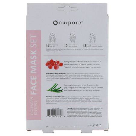 提亮面膜, 保濕面膜: Nu-Pore, Collagen Essence Face Mask Set, Pomegranate & Rosemary, 2 Single-Use Masks, 0.85 fl oz (25 g) Each