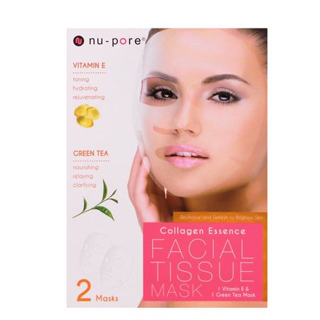 提亮面膜, 保濕面膜: Nu-Pore, Collagen Essence Face Mask Set, Vitamin E & Green Tea, 2 Single-Use Masks, 0.85 fl oz (25 g) Each