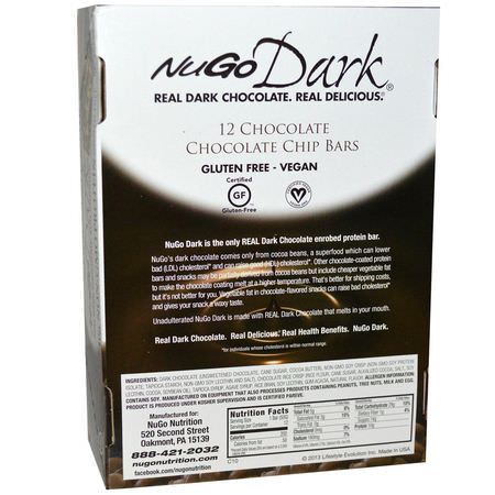 營養棒: NuGo Nutrition, NuGo Dark, Protein Bars, Chocolate Chocolate Chip, 12 Bars, 1.76 oz (50 g) Each
