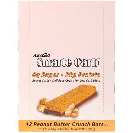 減肥棒, 飲食: NuGo Nutrition, Smarte Carb, Peanut Butter Crunch Bars, 12 Bars, 1.76 oz (50 g) Each