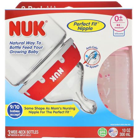 乳頭, 嬰兒奶瓶: NUK, Bottle with Perfect Fit Nipple, 0+ Months, Medium, Pink, 3 Wide-Neck Bottles, 10 oz (300 ml) Each