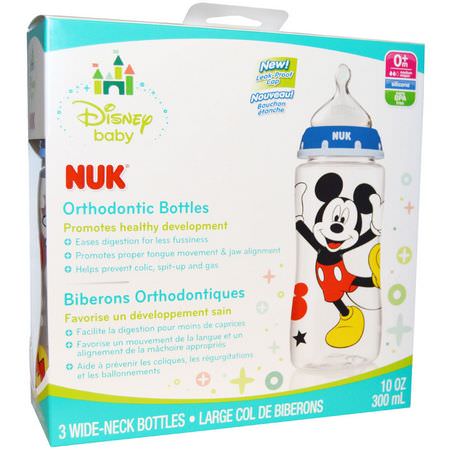 乳頭, 嬰兒奶瓶: NUK, Disney Baby, Orthodontic Bottles, Medium, Blue, 0+ Months, 3 Bottles, 10 oz (300 ml) Each