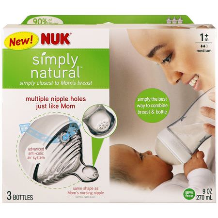 乳頭, 嬰兒奶瓶: NUK, Simply Natural, Bottles, 1+ Months, Medium, 3 Pack, 9 oz (270 ml) Each